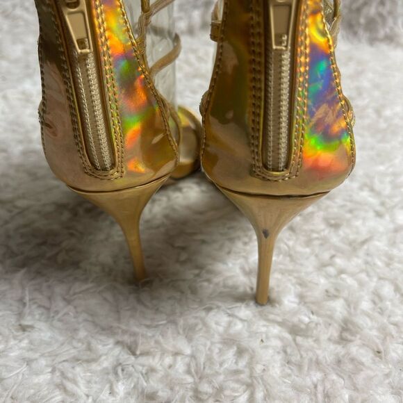 Shoe Dazzle leopard print and gold synthetic straps sandals back Zipper SZ8 - Picture 7 of 10